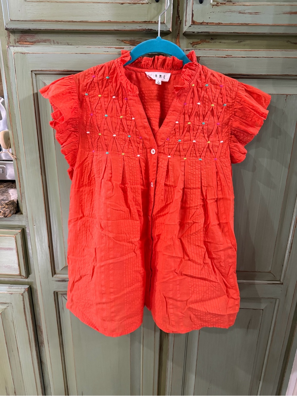 Orange Ruffle Sleeve Embroidered Women's Top